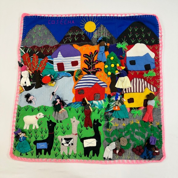 Other - Vintage Peruvian Arpillera Cosecha Wall Hanging 20x20 Multicolor 3D Folk Art
